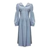 PERHAPS U Vintage Dress Light Blue Button Long Sleeve Midi Dress Chiffon Autumn Puff Sleeve Mid-Calf D2054 210529