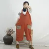 자끼 가을 코튼 린넨 레트로 패치 워크 포켓 넓은 다리 jumpsuits 느슨한 레저 모든 일치 여성 송아지 길이 바지 210521