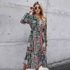 robes longues imprimées pour le printemps été V-Neck Empire Floor-Length Printing Slim Women's Dress Elegent OL vacances robe 210524