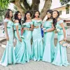 Mint Green Mermaid Bridesmaid Dresses Plus Size Satin Off The Shoulder Floor Length Custom Made Maid Of Honor Gown Beaded Ribbon Country Wedding Party Vestidos 403