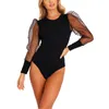 Body de lunares para mujer, mono transparente de manga abullonada, mono de retazos, mono ajustado de manga larga, camisa para mujer, mono Y0927