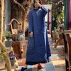 Johnature Women Original Linen Dresses O-Neck Long Sleeve Blue Spring Vintage Loose Robes Female Quality Dresses 210521