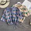 Gaganight Summer Korean Kvinnor Stickad T-shirt Fashion Short Sleeve Now-down Collar Drawstring Bottom Floral Print Student Toppar 210519