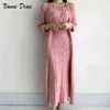 Namou Drane 2021 Women's Suit French Retro Linen Pattern Long Cardigan Sweater + Slim Knit Sling Pencil Dress 2 Piece Set G1214