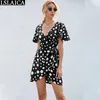 Dot Pirnt Dress V-Neck High Waist Bow Strappy Mini Sexy Hem Split Bodycon Vestido Feminino 210515