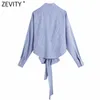 Femmes Croix Col En V Rayé Imprimé Enveloppé Court Slim Smock Blouse Femme Ourlet Noué Kimono Chemise Roupas Chic Tops LS9113 210416