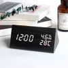 LED木造時計テーブル音声制御デジタル時計温度湿度ディスプレイウッドデスパータデスデスクトップクロックUSB / AAA 211111