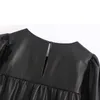 Chic Cascading PU Cuir Blouses Femmes Mode Lâche O Cou Tops Dames Élégantes À Manches Longues Chemises 210401