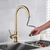 Brushed Golden Kitchen Faucets Smart Touch Induction Sensitive Faucet Mixer Tap Touch Dual Outlet Water Modes 210719