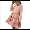 Damenbekleidung Bekleidung Drop Delivery 2021 Damen-Cupcake-Kleid, elegant, modisch, in voller Länge, normale Ärmel, Rundhalsausschnitt, einfarbig, drapiert, hoch