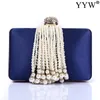 Luxury Pearl Beads Diamonds Gold Clutch Blue Pink Tassels Crystal Evening Bag Bridal Wedding Handbag with Chain Party Bags