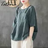 Cotton Linen T-shirt Arts Style Floral Embroidery Summer Women Short Sleeve O-neck Loose Vintage Tee Shirt Femme Tops Red4XL 210514