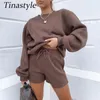 Tinastyle Thick Winter Two Piece Set Jumpsuit For Women Long Sleeve Pullover And High Waist Shorts Suit Casual 2 Pieces Warm Set X0428