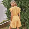 Ruffled Sleeve Yellow Rompers Overaller för Kvinnor Casual Beach Boho Summer Playsuits Romper Kort Jumpsuit Ropa de Mujer 210427