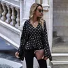 gold polka dot pelpum black vintage blouse tops women flare sleeve office ladies v neck casual 210427