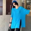 [EAM] femmes bleu grande taille décontracté asymétrique fente tricot T-shirt col rond manches courtes mode printemps été 1DD7980 21512