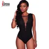 Idres Sexig Sommar Svart Baklösa Mesh Bodycon Lace Jumpsuit Romper Clubwear Body Suit Overells Shorts Playsuits 210728