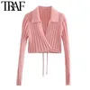 TRAF Mulheres Moda Com Envoltório Amarrado Cropped Cardigan Cardigan Camisola Vintage Manga Longa Feminina Outerwear Chique Tops 210918