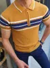 メンズニットポロシャツ春と夏のスリムコントラストカラーセーターカジュアルストライプ半袖シャツ210707