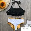 5-14 Years Girl Swimsuit Kids Swimwear Leaf Print Teenage Girl Bikini Halter Top Girls Bathing Suit Falbala Children's Swimwear