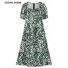 Retro V neck Green Flower Short Sleeve Split Dress Slit Hem Slim Fit French Women Puff sleeve Mid Long Tea Dresses Vestidos 210429
