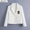 Zevity Women England Style Badge Patch Breasted Woolen Blazer Coat Vintage Long Sleeve Pockets Female Outerwear Chic Tops CT663 211006