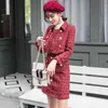 Autumn Winter Women Gold Double-breasted Tweed Short Jacket Coat + Bodycon Skirt Tassels 2PCS Clothing Set Red Plaid Suit 210416