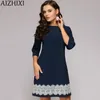 AIZHIXI Pizzo Abito dritto manica 3/4 Autunno girocollo Casual Mini abiti da donna Blu scuro Elegante Office Lady Workwear 210331
