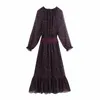 Vintage Femme Violet Imprimé Ceintures En Mousseline De Soie Longue Robe Printemps Mode Dames Robes De Vacances Femme Casual SoftDress 210515