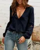 Women Lace V Neck Blouse Tops Sheer Long Sleeve Ladies Shirt Hollow Sexy Womens Clothing Female Blouses Women's & Shirts