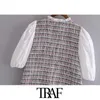 TRAF femmes Chic mode Patchwork effiloché gland Tweed Mini robe Vintage lanterne manches poches femmes robes Mujer 210415