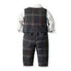 Boy colthing sets 2021 baby bow tie white shirt+vest coat +grid pants Fashion 3PCS Outfits Set child Clothes