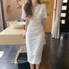 Korejpaa Femmes Robe Corée Chic Été Doux Élégant Col V Pliant Conception Taille Bulle Manches Moyen Long Robe 210526