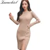 Kvinnor Sexig Vinterknapp Ner Open Split Stickad Skinny Bodycon Midi Långärmad Varm Snim Sweater Klänning Skede Vestidos 210416