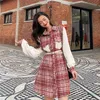 Autunno Donna Vintage Fashion Plaid Cintura a maniche lunghe in maglia Mini abito coreano Tunica Patchwork Camicia monopetto 210513