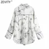 Women Fashion Ink Flower Print Casual Loose Smock Blouse Office Lady Turn Down Collar Shirts Chic Blusas Tops LS7618 210416