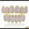 Grillz Dental Body Jewelry Jewelrygold Color Pink Micro Pave Cubic Zircon Top Bottom Teeth Grillz Hip Hop Golden Grills For Christmas Gift D