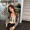 Fashion Pink Plaid Cardigan Sweaters Women Autumn Loose Long Sleeve Tops Chic Korean Wild Camisole 2 Piece Sets Sweet Gentle 211105