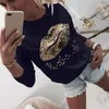 Dameshoodies Sweatshirts Dames Trui Sweatshirt Luipaard Lippen Print Sudadera Mujer Casual Dames Beaded Pullovers Bluza Damska Street