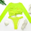 Neon Yellow Crop Top Badmode Dames Zomer Sexy Beachwear Mesh Lange Mouw Cover UPS Drie Piece Badpak Bikini Set 210722