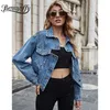 Turn-down Collar Cut Out Back Denim Jacket Women Spring Fall Single Breasted Jean Coats Long Sleeve Female Outwear 210510