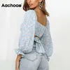 Chic Floral Print Cropped Blouse Women Ruffles Long Sleeve Back Bow Tie Shirt Ladies Sexy Off Shoulder Crop Tops Blusas 210413