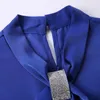 青いシャツ女性の気質夏半袖デザイン弓シフォンブラウスオフィスレディースカジュアルワークトップ210604