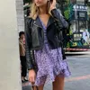 Mulheres Lilac Floral Wrap Vestimento Verão Elegante Flare Manga Boho Impressão Mini Sundress Sexy V Neck Senhoras Roupas 210412