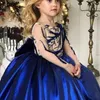 2021 Koronki Królewski Niebieski Kwiat Girl Dresses Suknia Balowa Długie Rękawy Satin Lilttle Kids Birthday Pageant Weddding Suknie Zj003
