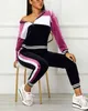 Ninimour Kobiety Colorblock Zapinane Z Kapturem Top Pant Sets Elastyczna Talia Długie Spodnie Zestaw Lounge Nosić Odzież Femme 2 sztuka Zestaw 210415