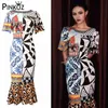 runway designer fashion midi slim dress flare patchwork vintage retro stampato sirena elegante abiti da ufficio da festa robe 210421