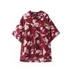 PERHAPS U Hawaii Women Red White Turn Down Collar Button Short Sleeve Print Loose Shirt Blouse Floral Flower B0086 210529