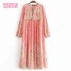 V-neck Long-sleeved National Style Pink Plant Sweet Print Tassel Bohemian Women's Dress Harajuku Fresh Beach Resort Chic Female 210507