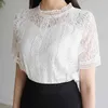 Spring Summer Fashion Short Sleeve Lace Shirt Women Slim Fit Hollow Out Blouses and Tops Blusas Mujer De Moda 8745 50 210508